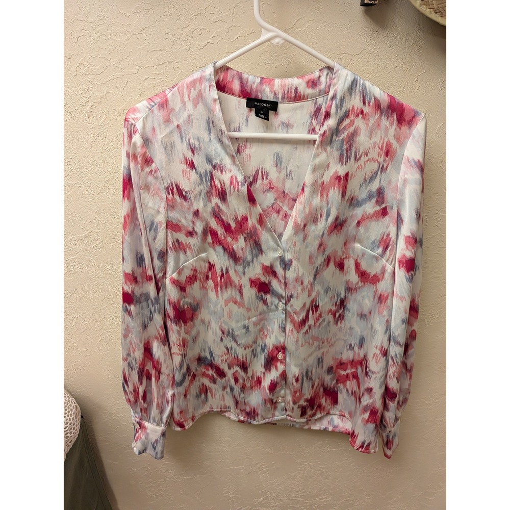 HALOGEN Watercolor Print Button Front Blouse Shirt Women's Medium M
